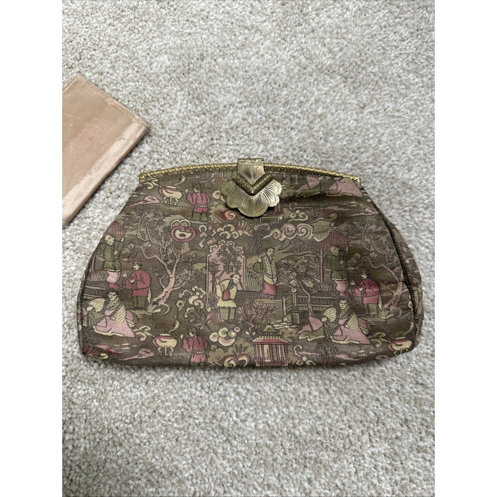 Vintage Chinese Silk Brocade Pouch / Evening Clutch  Chinoiserie Pattern